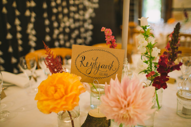 Table Name Modern Calligraphy Jam Jar Flowers Dahlia Stocks Centre Fairy Lights Vibrant Florals Summer Barn Wedding https://www.oliviajudah.co.uk/