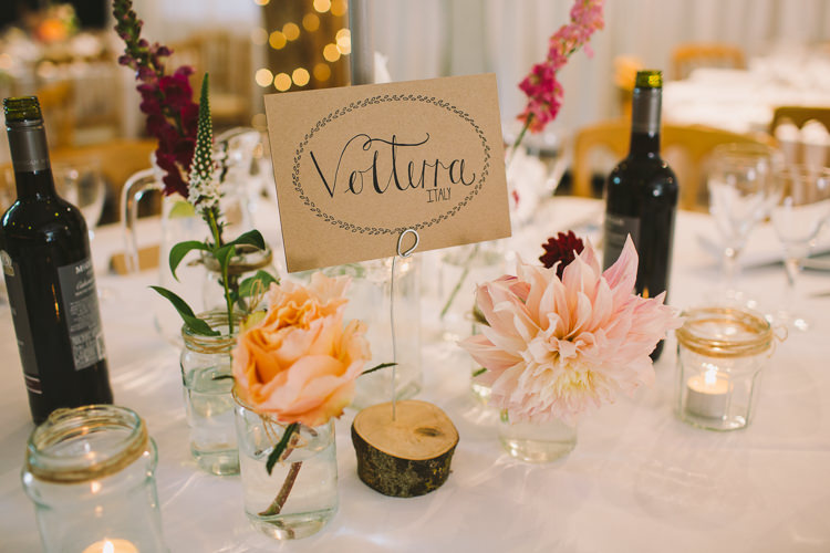 Table Centre Name Wood Slice Jam Jar Twine Rose Dahlia Tealights Fairy Lights Vibrant Florals Summer Barn Wedding https://www.oliviajudah.co.uk/