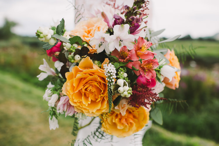 Dahlia Rose Berries Greenery Bouquet Bride Bridal Fairy Lights Vibrant Florals Summer Barn Wedding https://www.oliviajudah.co.uk/