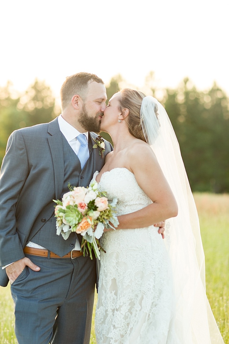 Groom Grey Suit Blue Tie Bride Long Veil Lace Dress Sweetheart Neckline Intimate Farmhouse Wedding South Carolina https://jessicahuntphotography.com/