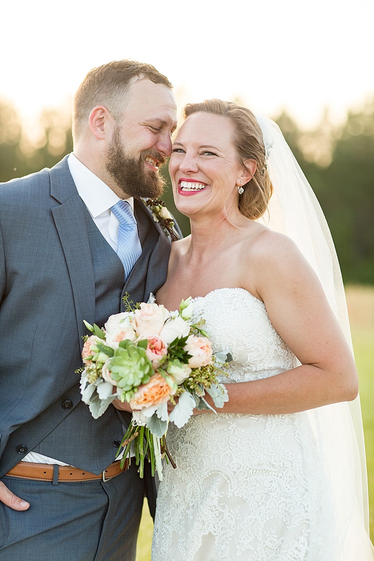 Bride Updo Long Veil Lace Gown Sweetheart Neckline Groom Grey Blue Intimate Farmhouse Wedding South Carolina https://jessicahuntphotography.com/
