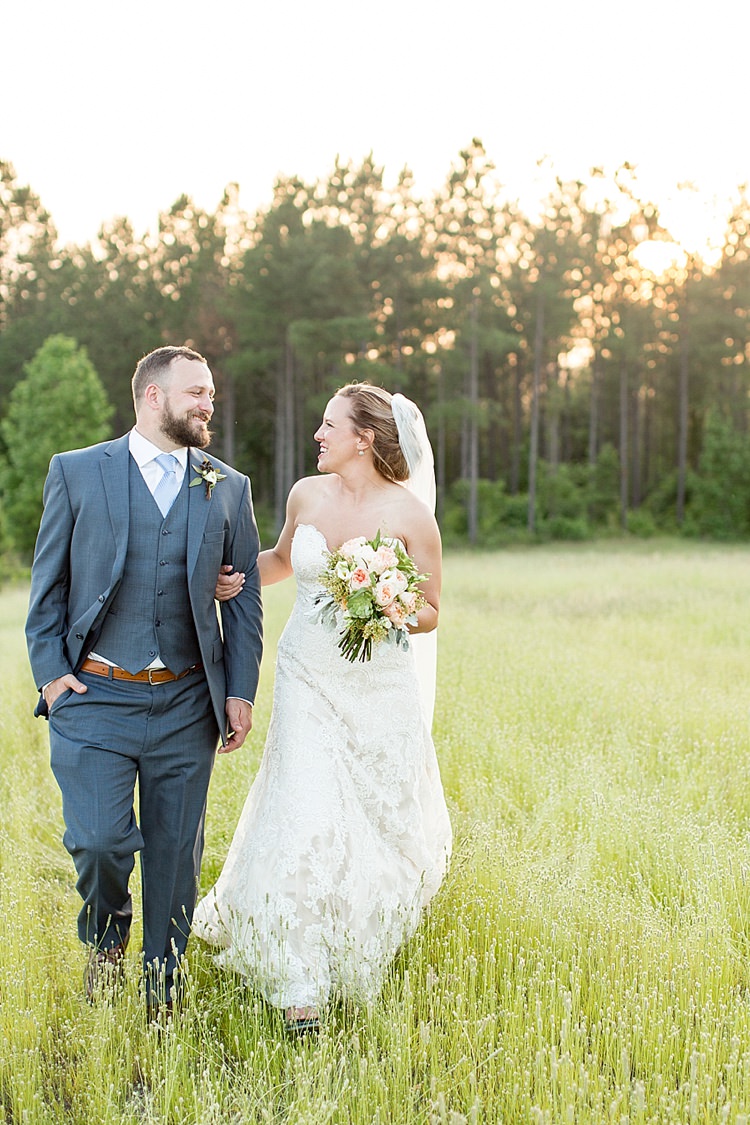 Bride Updo Long Veil Lace Gown Sweetheart Neckline Groom Grey Blue Intimate Farmhouse Wedding South Carolina https://jessicahuntphotography.com/