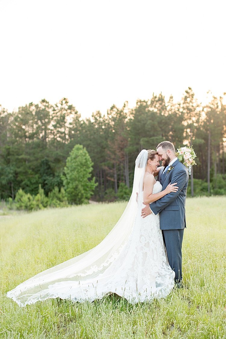 Bride Updo Long Veil Lace Gown Sweetheart Neckline Groom Grey Blue Intimate Farmhouse Wedding South Carolina https://jessicahuntphotography.com/