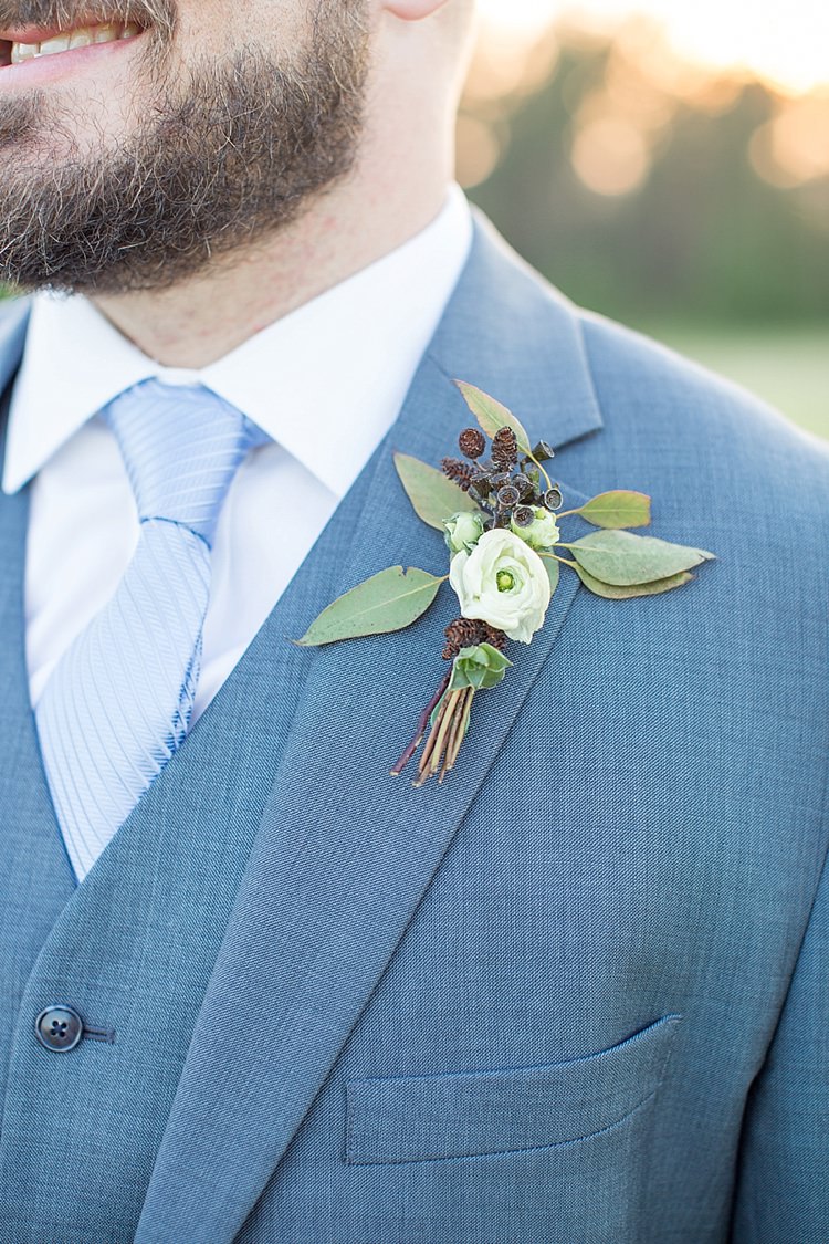 Groom Blue Tie Grey Suit Buttonhole Greenery Intimate Farmhouse Wedding South Carolina https://jessicahuntphotography.com/