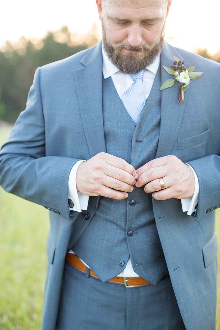 Groom Blue Tie Grey Suit Buttonhole Greenery Intimate Farmhouse Wedding South Carolina https://jessicahuntphotography.com/