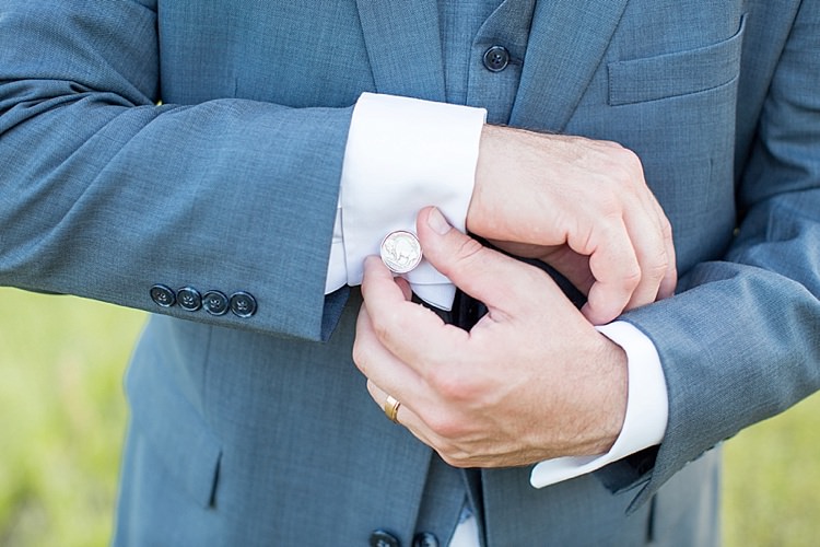 Groom Blue Tie Grey Suit Cufflinks Intimate Farmhouse Wedding South Carolina https://jessicahuntphotography.com/