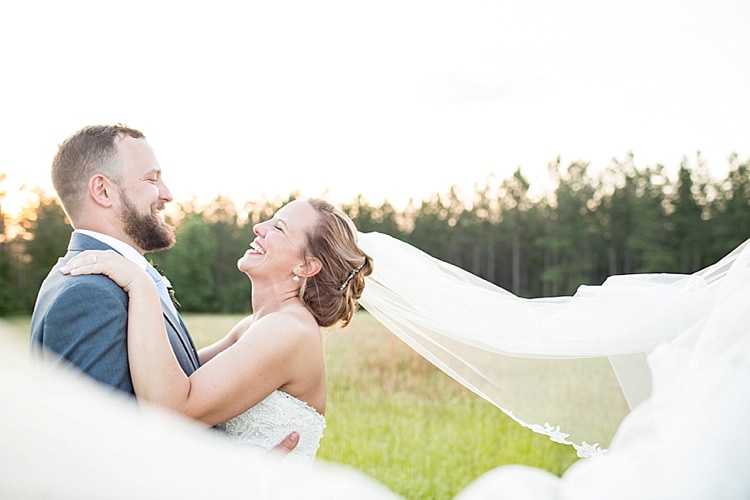 Bride Updo Long Veil Lace Gown Sweetheart Neckline Groom Grey Blue Intimate Farmhouse Wedding South Carolina https://jessicahuntphotography.com/