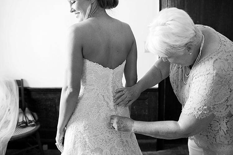 Bride Getting Ready Button Back Detail Lace Strapless Intimate Farmhouse Wedding South Carolina https://jessicahuntphotography.com/