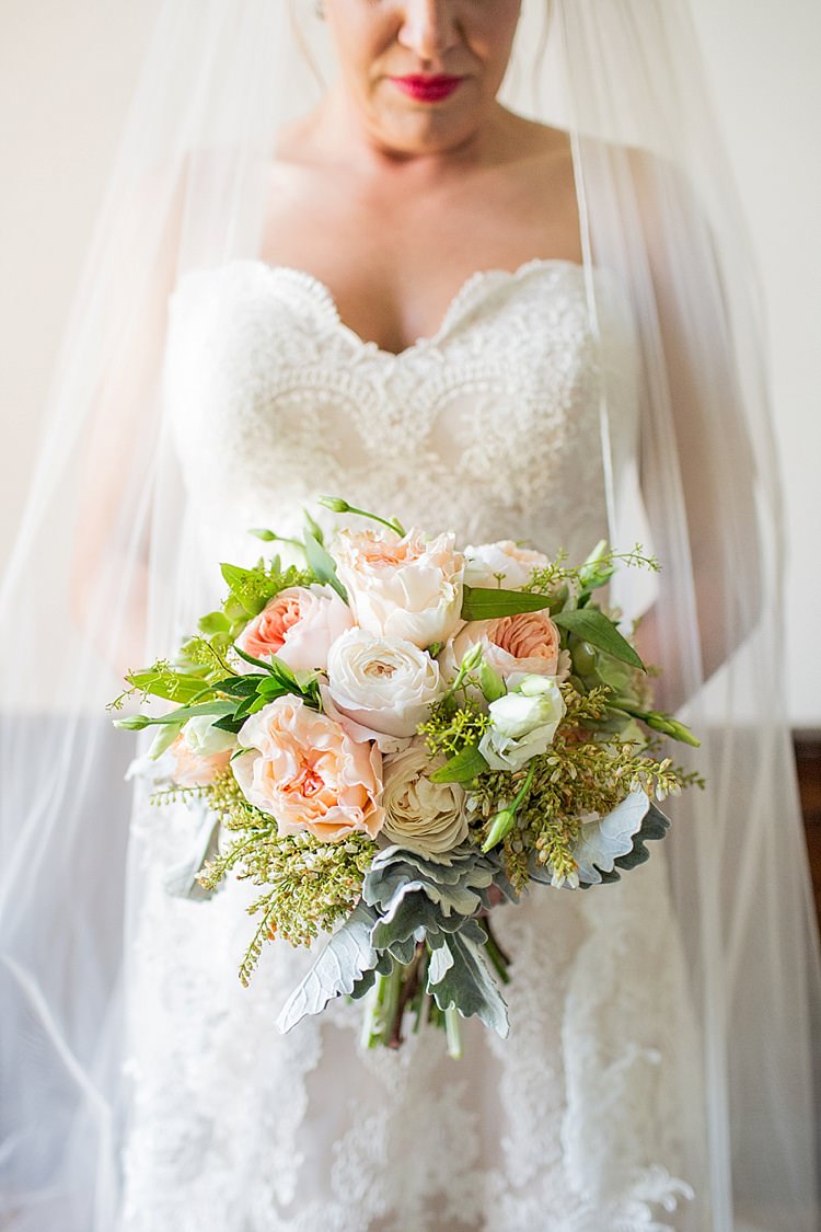 Bride Lace Dress Sweetheart Neckline Strapless Long Veil Peony Bouquet Peach Blush Pink White Intimate Farmhouse Wedding South Carolina https://jessicahuntphotography.com/