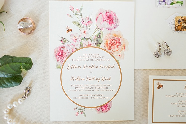 Stationery Invites Pearls Peonies Pink Intimate Farmhouse Wedding South Carolina https://jessicahuntphotography.com/