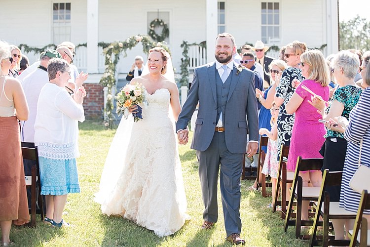 Groom Grey Suit Blue Tie Bride Long Veil Lace Dress Sweetheart Neckline Outdoor Ceremony Archway Greenery Intimate Farmhouse Wedding South Carolina https://jessicahuntphotography.com/