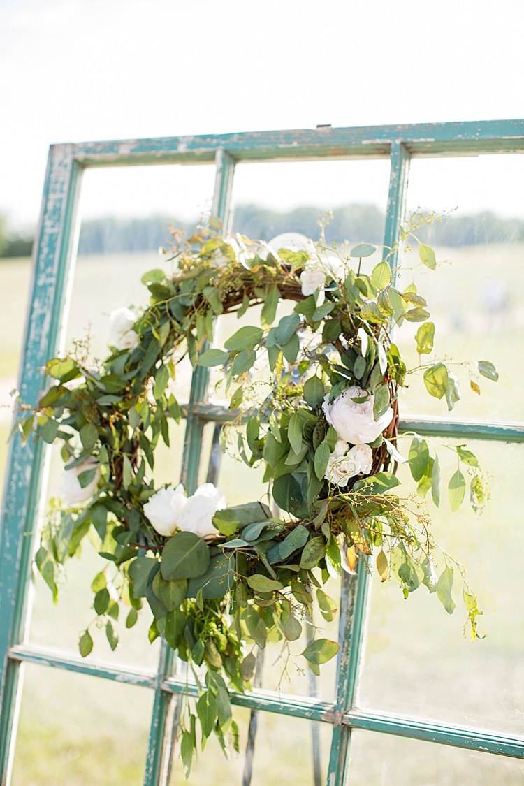 Greenery Wreath Window Intimate Farmhouse Wedding South Carolina https://jessicahuntphotography.com/