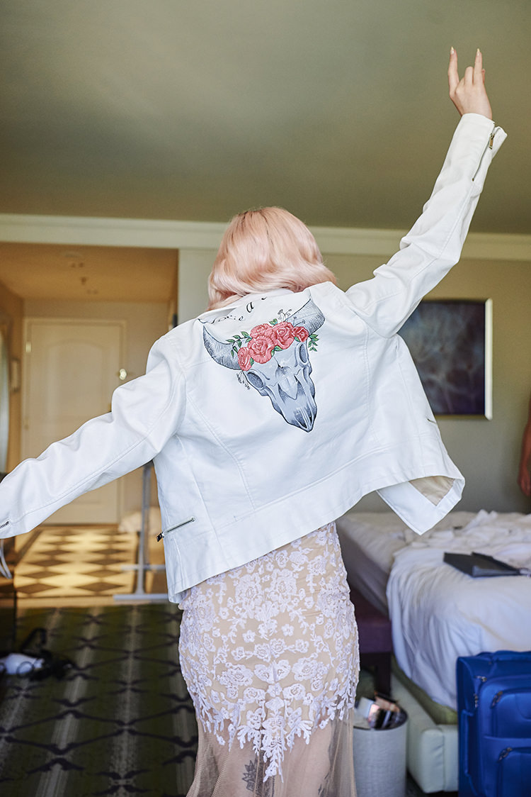 Denim Jacket Bride White Sheer Gown Lace Blush Pink Hair Hip Elvis Las Vegas Destination Wedding http://www.roseimages.co.uk/