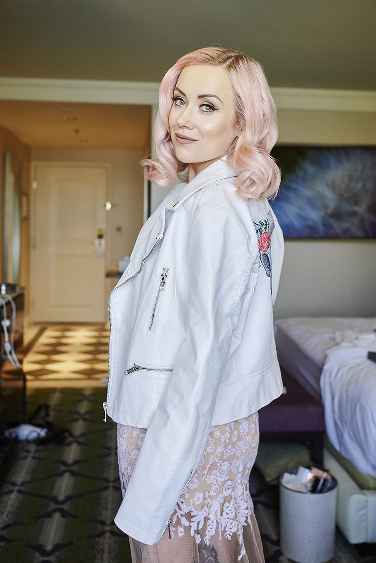 Bride Pink Hair Denim Jacket Sheer Gown Lace Hip Elvis Las Vegas Destination Wedding http://www.roseimages.co.uk/