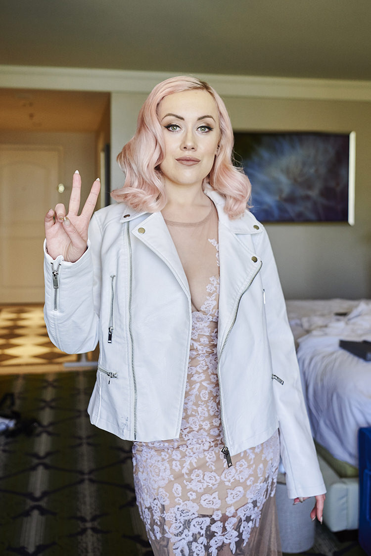 Bride Peace Pink Hair White Leather Jacket Blush Sheer Gown Lace Hip Elvis Las Vegas Destination Wedding http://www.roseimages.co.uk/