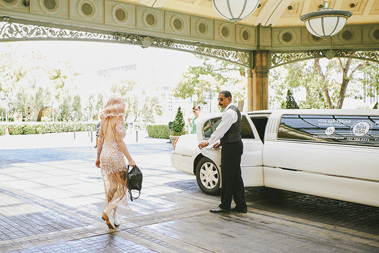 Wedding Car Bride Chapel White Limo Pink Hair Sheer Gown Blush Lace Cowboy Boots Hip Elvis Las Vegas Destination Wedding http://www.roseimages.co.uk/