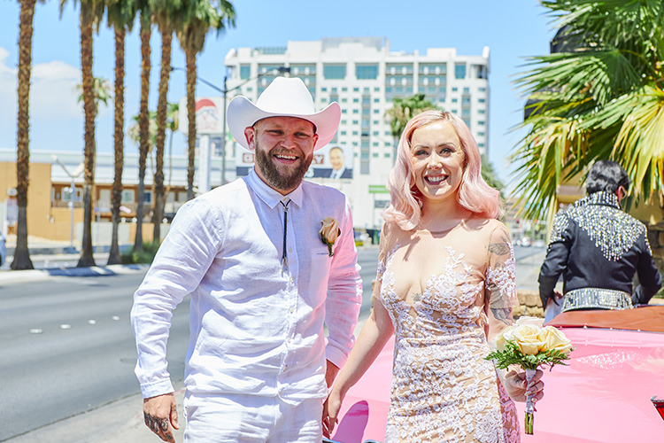 Married Sign Chapel Pink Convertible Car Groom Cowboy Hat Bride Pink Hair Sheer Gown Lace Blush Hip Elvis Las Vegas Destination Wedding http://sallyrosephotography.co.uk/