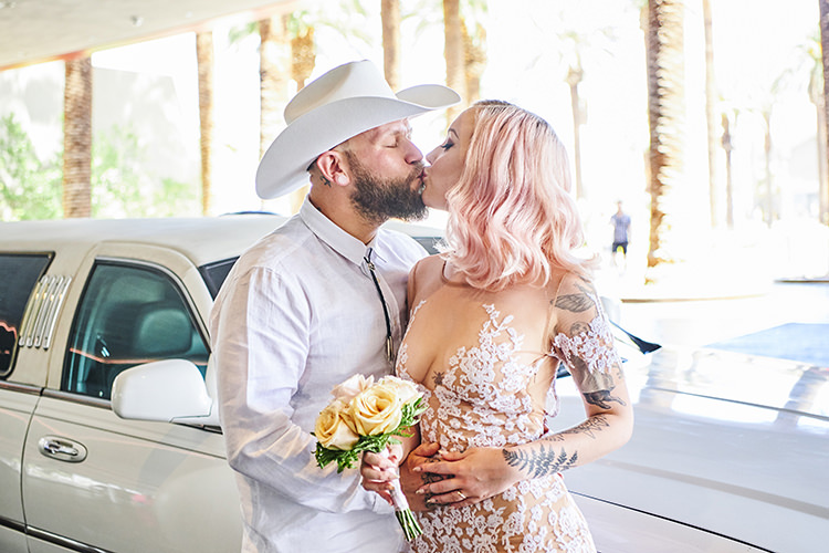 White Limo Cowboy Hat Beard Sheer Gown Lace Blush Pink Hair Tattoos Hip Elvis Las Vegas Destination Wedding http://www.roseimages.co.uk/