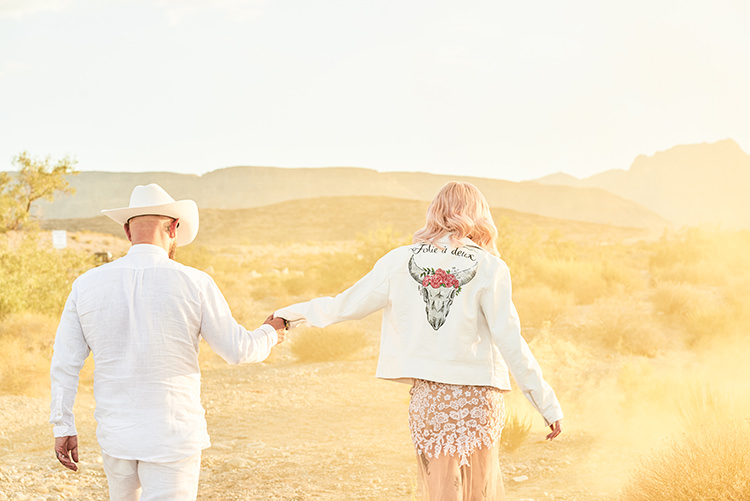Leather Jacket Sunset Desert Groom Cowboy Hat White Bride Pink Hair Blush Gown Lace Sheer Tattoos Hip Elvis Las Vegas Destination Wedding http://www.roseimages.co.uk/