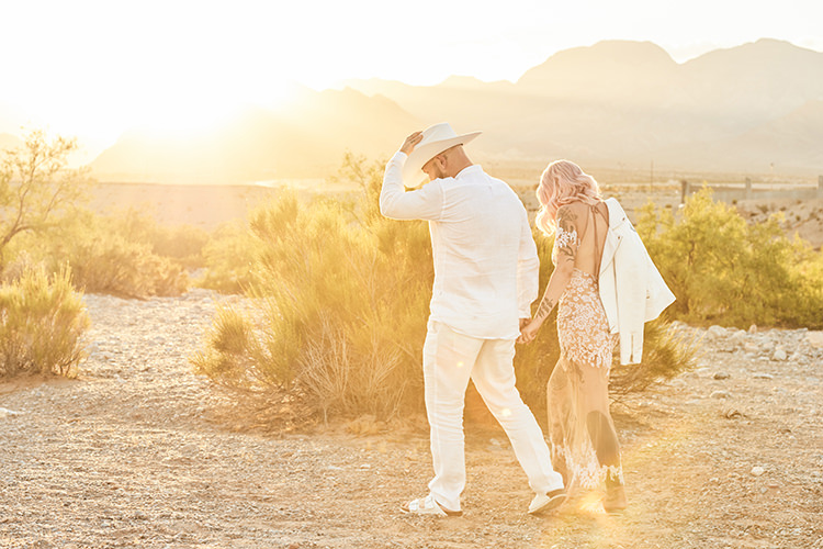 Leather Jacket Sunset Desert Groom Cowboy Hat White Bride Pink Hair Blush Gown Lace Sheer Tattoos Hip Elvis Las Vegas Destination Wedding http://www.roseimages.co.uk/