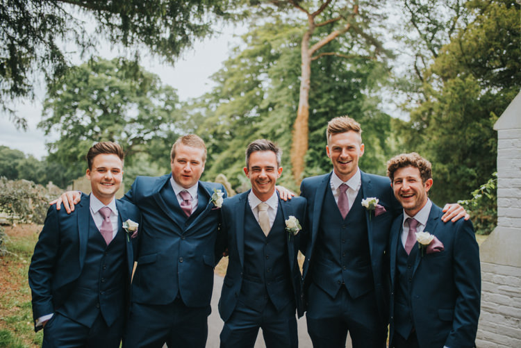Groom Groomsmen Ushers Best Man Navy Three Piece Waistcoat Pink Tie Chic Romantic Florals Candlelight Wedding http://lisawebbphotography.co.uk/