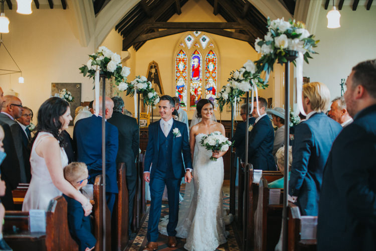 Bride Bridal Pronovias Strapless Sweetheart Fishtail Train Veil White Rose Bouquet Navy Suit Groom Chic Romantic Florals Candlelight Wedding http://lisawebbphotography.co.uk/