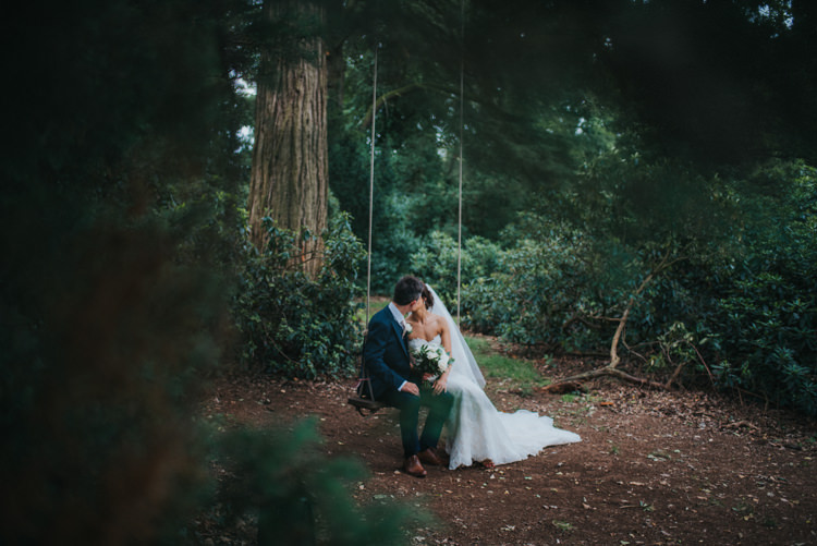 Bride Bridal Pronovias Strapless Sweetheart Fishtail Train Veil White Rose Bouquet Navy Suit Groom Swing Couples Portrait Chic Romantic Florals Candlelight Wedding http://lisawebbphotography.co.uk/