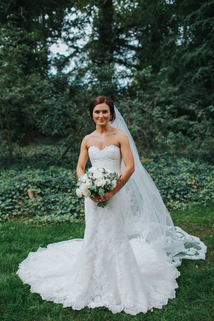 Bride Bridal Pronovias Strapless Sweetheart Fishtail Train Veil White Rose Bouquet Chic Romantic Florals Candlelight Wedding http://lisawebbphotography.co.uk/