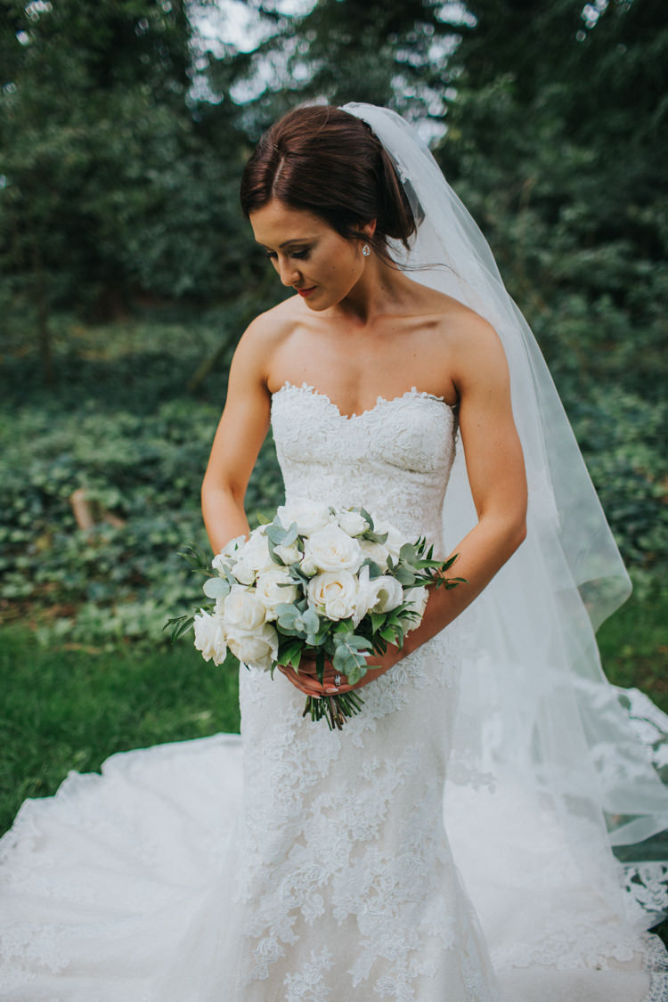 Bride Bridal Pronovias Strapless Sweetheart Fishtail Train Veil White Rose Bouquet Chic Romantic Florals Candlelight Wedding http://lisawebbphotography.co.uk/