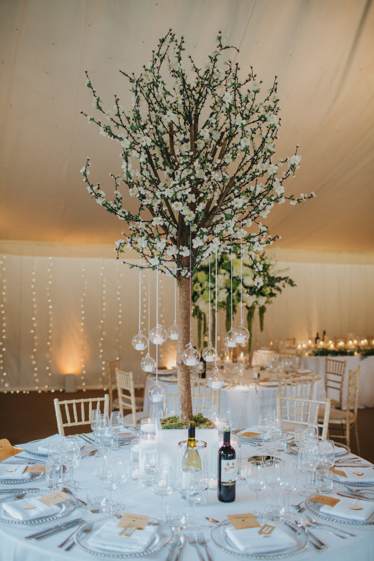 Blossom Tree Hanging Candles Pea Lights Fairy Tall Centrepiece Arrangement Tealight Chic Romantic Florals Candlelight Wedding http://lisawebbphotography.co.uk/