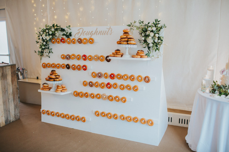 Doughnut Wall White Rose Cake Stand Dessert Pudding Chic Romantic Florals Candlelight Wedding http://lisawebbphotography.co.uk/