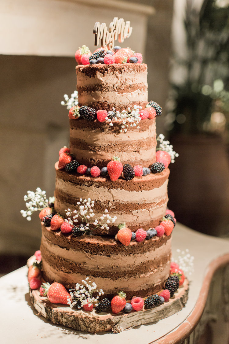 Naked Cake Chocolate Layer Sponge Fruit Berries Simple Elegant Luxe Blush Pink Wedding http://katymelling.com/