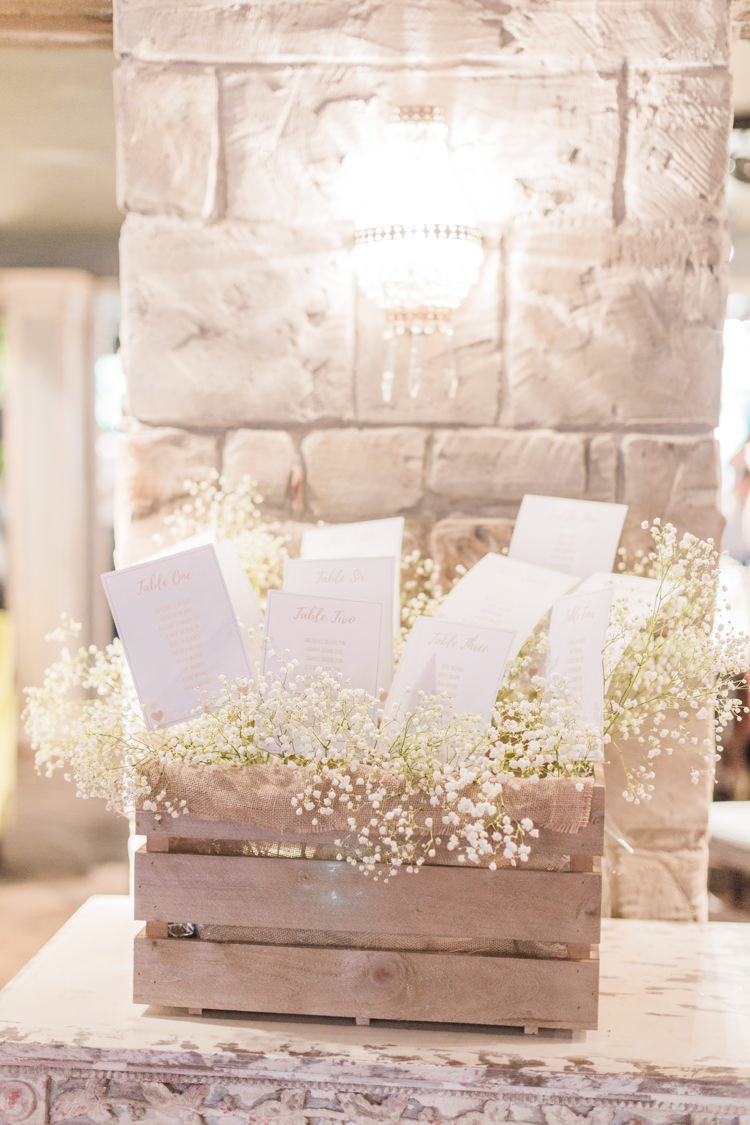 Gyp Gypsophila Flowers Crate Seating Plan Table Chart Simple Elegant Luxe Blush Pink Wedding http://katymelling.com/