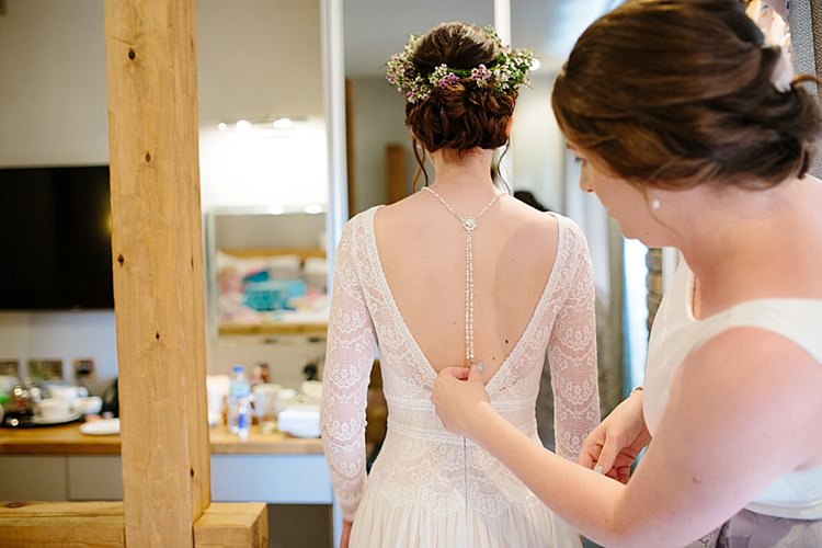 Bride Bridal Maggie Sottero Long Sleeve Lace Low Back Gown Dress Back Necklace Flower Crown Grey Lavender Blush Country Restaurant Wedding http://www.whelanphotography.co.uk/