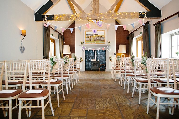 Ceremony Aisle Bunting Fairy Lights Pea Grey Lavender Blush Country Restaurant Wedding http://www.whelanphotography.co.uk/