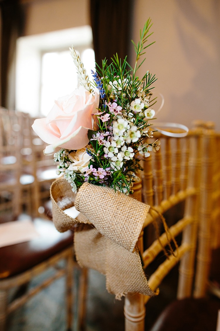 Pew Aisle End Wax Flowers Rose Hessian Bow Grey Lavender Blush Country Restaurant Wedding http://www.whelanphotography.co.uk/