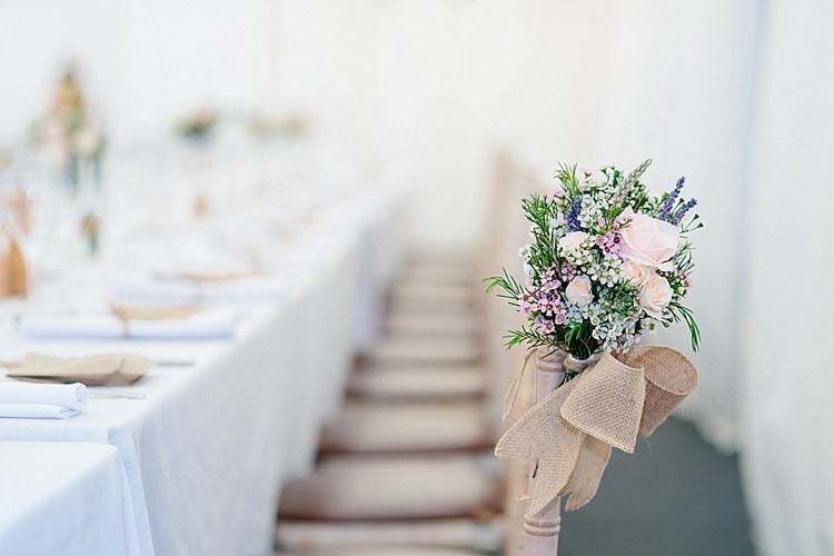 Chair Decor Rose Wax Flowers Posy Hessian Bow Ribbon Grey Lavender Blush Country Restaurant Wedding http://www.whelanphotography.co.uk/