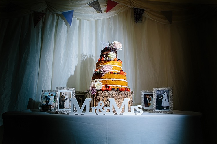 Naked Cake Table Mr & Mrs Wooden Block Wood Slice Tree Trunk Photographs Grandparents Flowers Grey Lavender Blush Country Restaurant Wedding http://www.whelanphotography.co.uk/