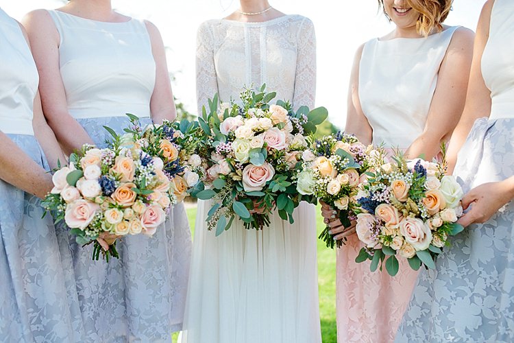 Bride Bridal Maggie Sottero Long Sleeve Lace Low Back Gown Dress Bouquet Rose Peach Pink Wax Flowers Coast Bridesmaids Tea Length Two Piece Grey Lavender Blush Country Restaurant Wedding http://www.whelanphotography.co.uk/