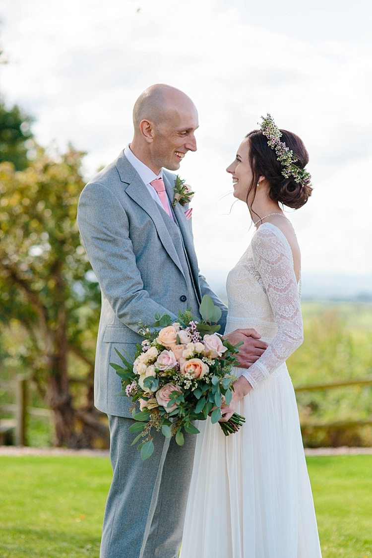 Bride Bridal Maggie Sottero Long Sleeve Lace Low Back Gown Dress Flower Crown Bouquet Reiss Groom Three Piece Waistcoat Pink Tie Grey Lavender Blush Country Restaurant Wedding http://www.whelanphotography.co.uk/