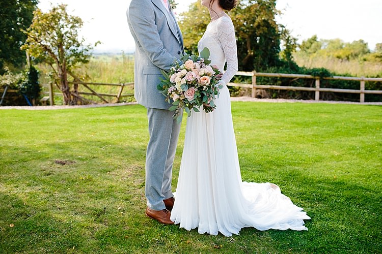 Bride Bridal Maggie Sottero Long Sleeve Lace Low Back Gown Dress Flower Crown Bouquet Reiss Groom Three Piece Waistcoat Pink Tie Grey Lavender Blush Country Restaurant Wedding http://www.whelanphotography.co.uk/
