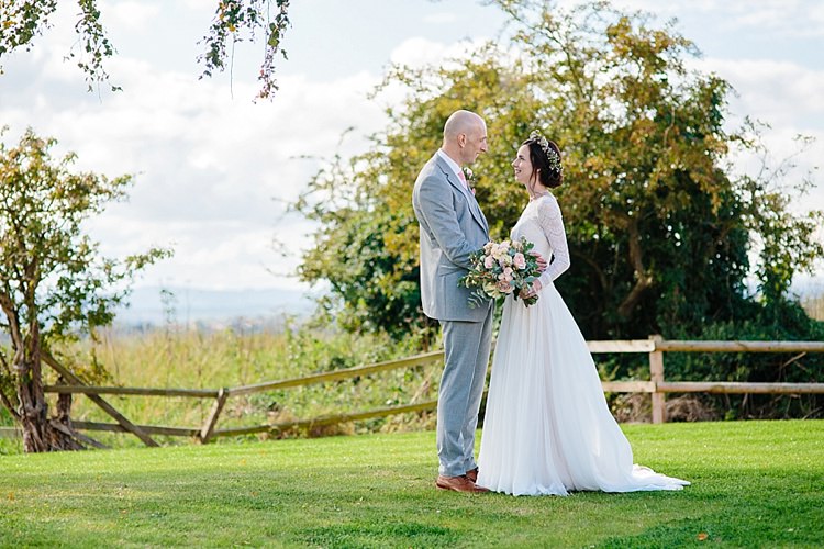 Bride Bridal Maggie Sottero Long Sleeve Lace Low Back Gown Dress Flower Crown Bouquet Reiss Groom Three Piece Waistcoat Pink Tie Grey Lavender Blush Country Restaurant Wedding http://www.whelanphotography.co.uk/