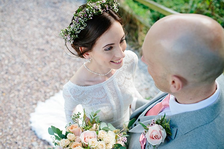 Bride Bridal Maggie Sottero Long Sleeve Lace Low Back Gown Dress Flower Crown Bouquet Reiss Groom Three Piece Waistcoat Pink Tie Grey Lavender Blush Country Restaurant Wedding http://www.whelanphotography.co.uk/