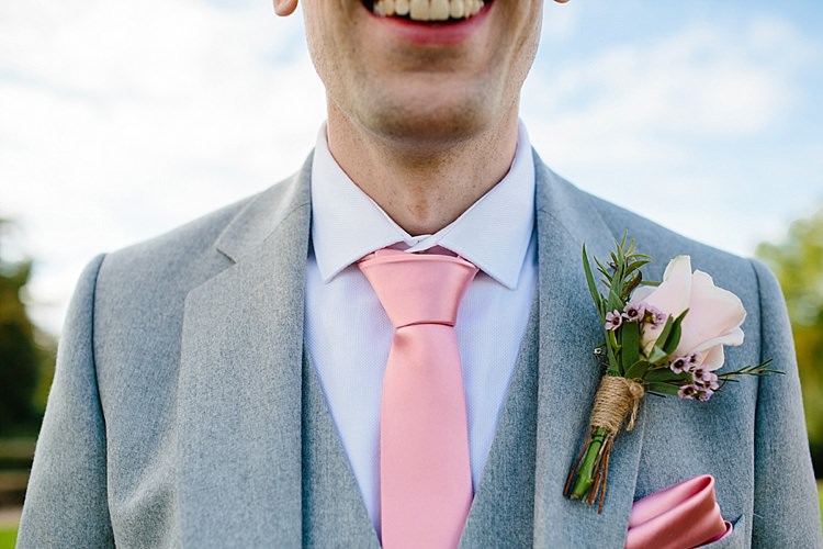 Reiss Groom Three Piece Waistcoat Pink Tie Button Hole Boutonniere Rose Wax Flowers Rosemary Grey Lavender Blush Country Restaurant Wedding http://www.whelanphotography.co.uk/