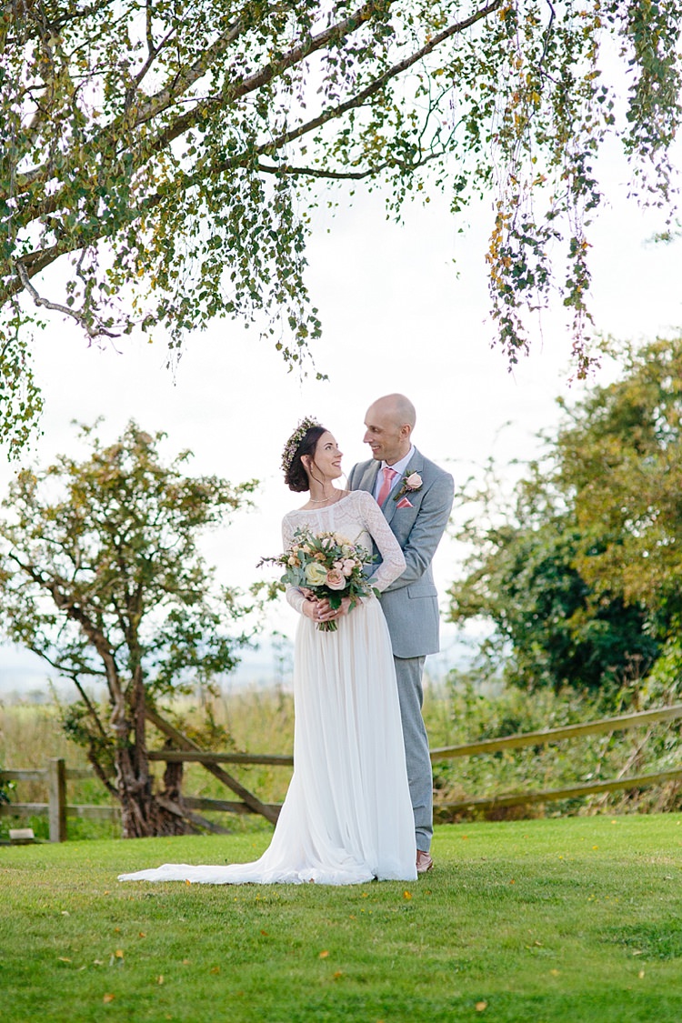 Bride Bridal Maggie Sottero Long Sleeve Lace Low Back Gown Dress Flower Crown Bouquet Reiss Groom Three Piece Waistcoat Pink Tie Grey Lavender Blush Country Restaurant Wedding http://www.whelanphotography.co.uk/