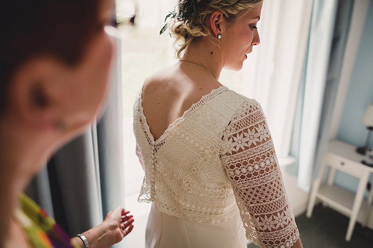 Bride Bridal Lace Guipure Topper Sleeves Dress Gown Fun Happy Colourful Wedding Vegetable Bouquets https://mylo-photography.co.uk/