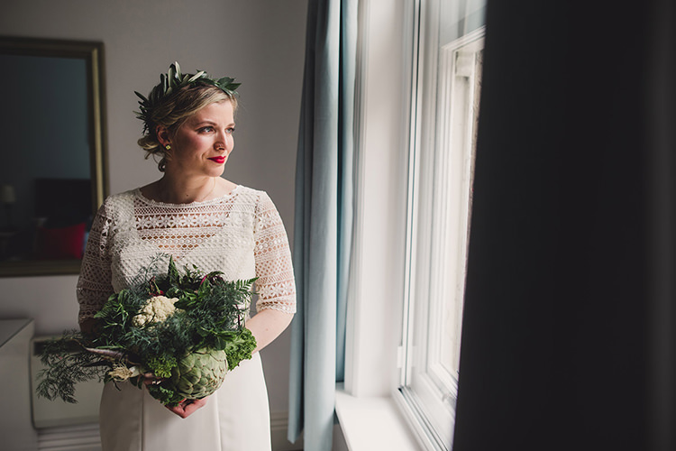 Bride Bridal Lace Guipure Topper Sleeves Dress Gown Leaf Foliage Crown Fun Happy Colourful Wedding Vegetable Bouquets https://mylo-photography.co.uk/