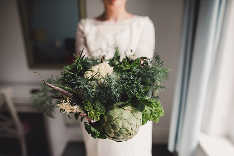 Vegetable Bouquet Cauliflower Artichoke Herb Mint Leek Greenery Lettuce Bride Bridal Fun Happy Colourful Wedding Vegetable Bouquets https://mylo-photography.co.uk/