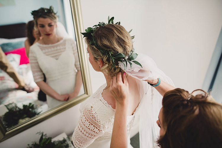 Bride Bridal Lace Guipure Topper Sleeves Dress Gown Foliage Leaf Crown Veil Fun Happy Colourful Wedding Vegetable Bouquets https://mylo-photography.co.uk/