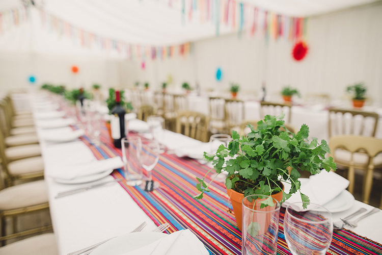 Table Setting Multicoloured Stripy Runner Herbs Terracotta Pot Banqueting Marquee Fun Happy Colourful Wedding Vegetable Bouquets https://mylo-photography.co.uk/